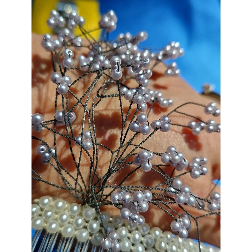 Vintage Pearl Spray Hair Comb Bridal‎ Baby's Breath Headpiece Wedding Lavender